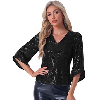 Sequin Top for Women's 3/4 Sleeve V Neck Sparkly Party Club Disco Outfit Blouse Top