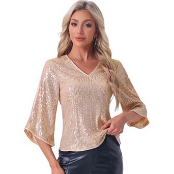 Sequin Top for Women's 3/4 Sleeve V Neck Sparkly Party Club Disco Outfit Blouse Top