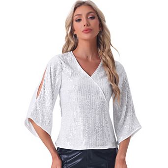 Sequin Top for Women's 3/4 Sleeve V Neck Sparkly Party Club Disco Outfit Blouse Top