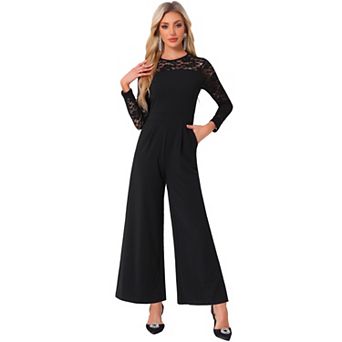 Party Jumpsuits for Women's Elegant Crew Neck Mesh Lace Sleeve Loose Wide Leg Romper