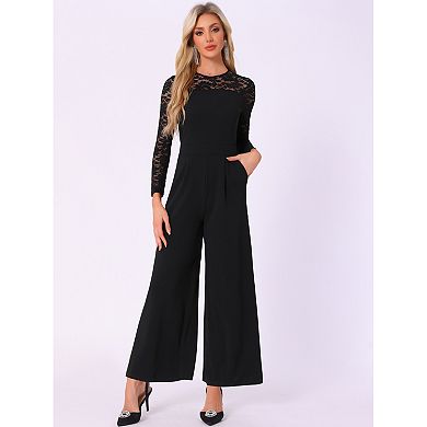 Party Jumpsuits for Women's Elegant Crew Neck Mesh Lace Sleeve Loose Wide Leg Romper