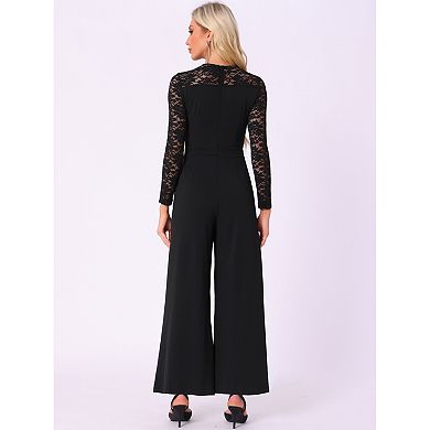 Party Jumpsuits for Women's Elegant Crew Neck Mesh Lace Sleeve Loose Wide Leg Romper