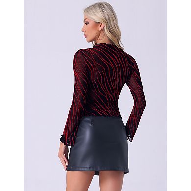 Women's Mesh Sheer Top Lettuce Trim Stretch Long Sleeve Mock Neck Party Shirt