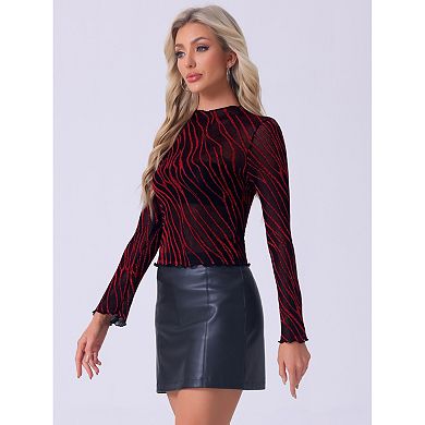 Women's Mesh Sheer Top Lettuce Trim Stretch Long Sleeve Mock Neck Party Shirt