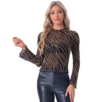 Women's Mesh Sheer Top Lettuce Trim Stretch Long Sleeve Mock Neck Party Shirt