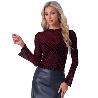 Women's Mesh Sheer Top Lettuce Trim Stretch Long Sleeve Mock Neck Party Shirt