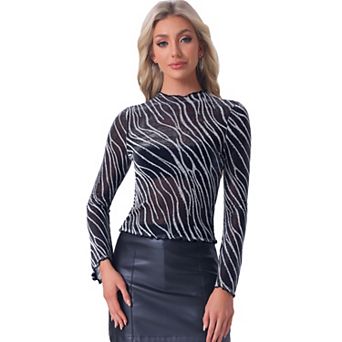Women's Mesh Sheer Top Lettuce Trim Stretch Long Sleeve Mock Neck Party Shirt