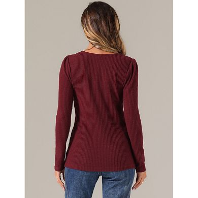 Long Sleeve Tops for Women's Button Decor Square Neck Sweater Top