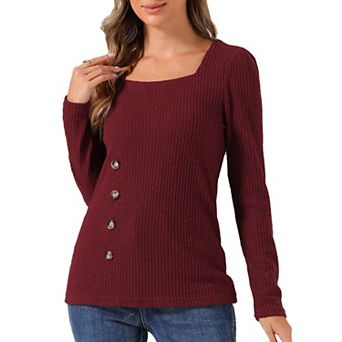Long Sleeve Tops for Women's Button Decor Square Neck Sweater Top
