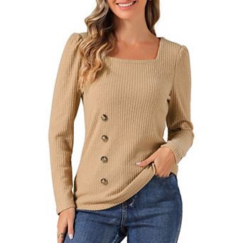 Long Sleeve Tops for Women's Button Decor Square Neck Sweater Top