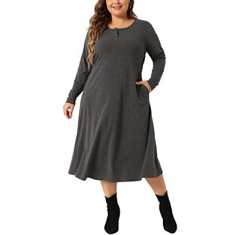 Plus Size T-Shirt Dress for Women Crew Neck Button Long Sleeve Casual Dresses with Pockets