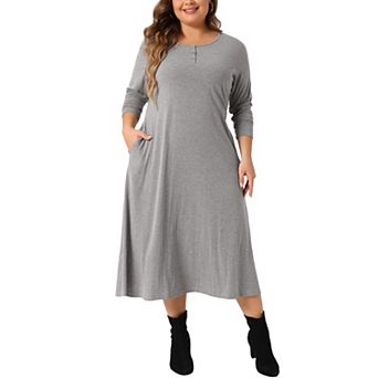 Plus Size T-Shirt Dress for Women Crew Neck Button Long Sleeve Casual Dresses with Pockets