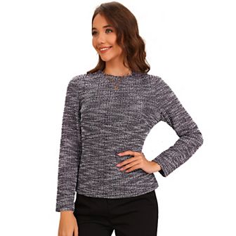 Tweed Basic Top for Women's Zipper Back Long Sleeve Crew Neck Elegant Blouse