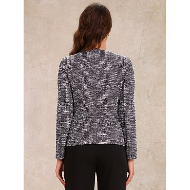 Tweed Basic Top for Women's Zipper Back Long Sleeve Crew Neck Elegant Blouse