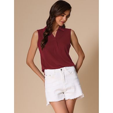 Women's Sleeveless V Neck Solid Loose Shirt Collar Polo Shirts Casual Top