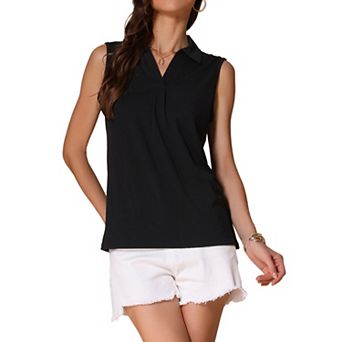 Women's Sleeveless V Neck Solid Loose Shirt Collar Polo Shirts Casual Top