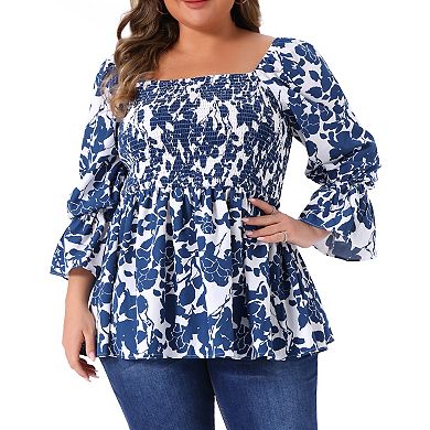 Women's Plus Size Floral Print Tops Square Neck Long Sleeve Casual Smocked Peplum Blouses Shirts