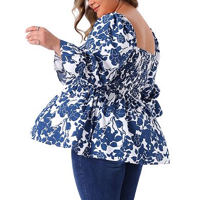 Women's Plus Size Floral Print Tops Square Neck Long Sleeve Casual Smocked Peplum Blouses Shirts