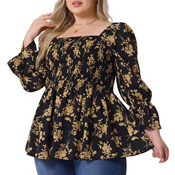 Women's Plus Size Floral Print Tops Square Neck Long Sleeve Casual Smocked Peplum Blouses Shirts