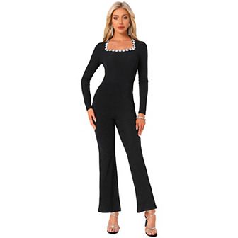 Women's Elegant Jumpsuits Square Neck High Waist Wide Leg Long Pants Jumpsuit