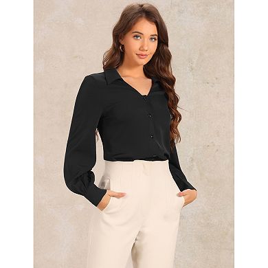 Women's Collar Work Shirt Button Down Lantern Long Sleeve V Neck Casual Blouse Top