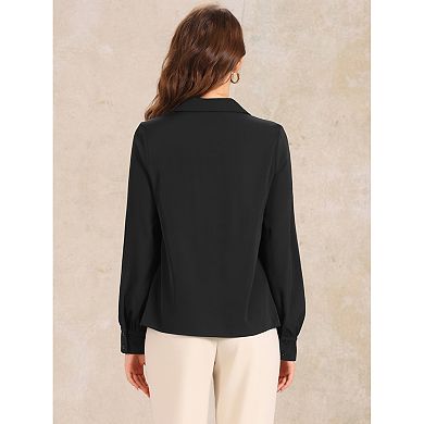 Women's Collar Work Shirt Button Down Lantern Long Sleeve V Neck Casual Blouse Top