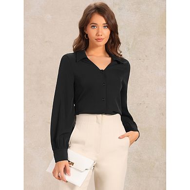 Women's Collar Work Shirt Button Down Lantern Long Sleeve V Neck Casual Blouse Top