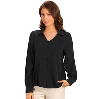 Women's Collar Work Shirt Button Down Lantern Long Sleeve V Neck Casual Blouse Top