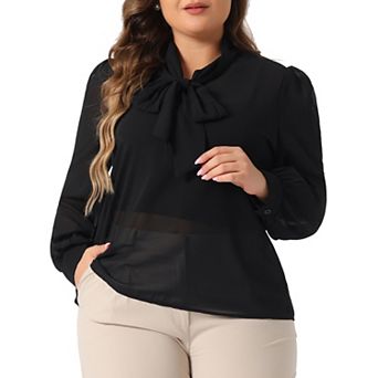 Plus Size Women's Sheer Chiffon Shirt Dressy Bow Tie Neck Long Sleeve See Through Mesh Blouse