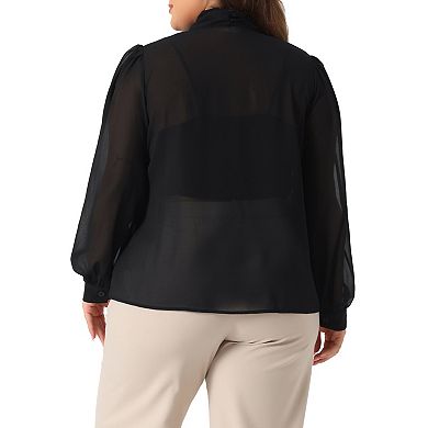 Plus Size Women's Sheer Chiffon Shirt Dressy Bow Tie Neck Long Sleeve See Through Mesh Blouse