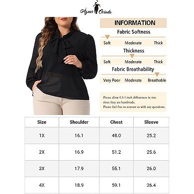 Plus Size Women's Sheer Chiffon Shirt Dressy Bow Tie Neck Long Sleeve See Through Mesh Blouse