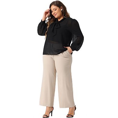 Plus Size Women's Sheer Chiffon Shirt Dressy Bow Tie Neck Long Sleeve See Through Mesh Blouse