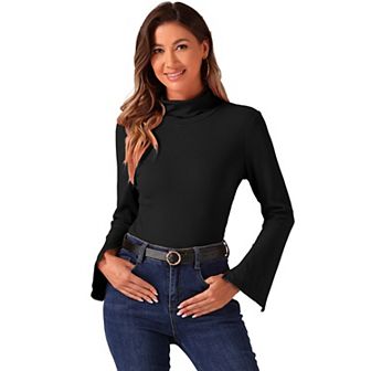 Casual Turtleneck Top for Women's Split Long Sleeves Basic Tee Top