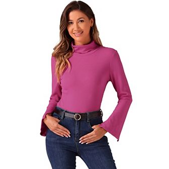 Casual Turtleneck Top for Women's Split Long Sleeves Basic Tee Top