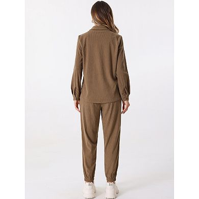 Women's 2 Piece Outfits Fall Long Sleeve Button Down Shirt and Pants Set Corduroy Tracksuit