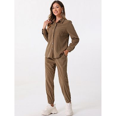 Women's 2 Piece Outfits Fall Long Sleeve Button Down Shirt and Pants Set Corduroy Tracksuit