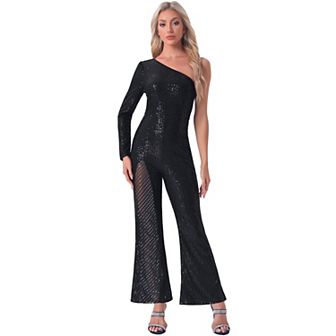 Sequin Jumpsuits for Women's One Shoulder See Through Wide Legs Party Romper