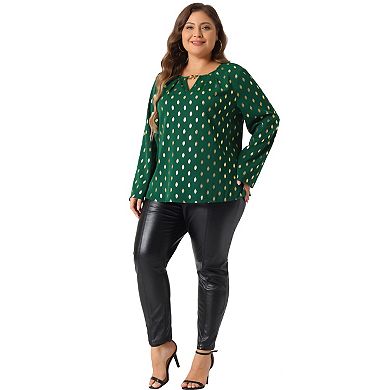 Plus Size Women's Metallic Shiny Dots Shirt V Neck Long Sleeve Blouse Gilding Sparkly Tops