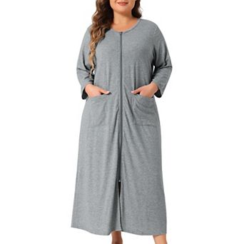 Plus Size Sleepwear for Women Zipper Front 3/4 Sleeves Robe Bathrobes Nightgown with Pockets