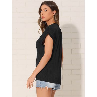 Summer Textured Top for Women's Cap Sleeve Crew Neck Solid Knit Casual Basic Sweater Tops
