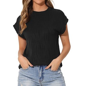 Summer Textured Top for Women's Cap Sleeve Crew Neck Solid Knit Casual Basic Sweater Tops