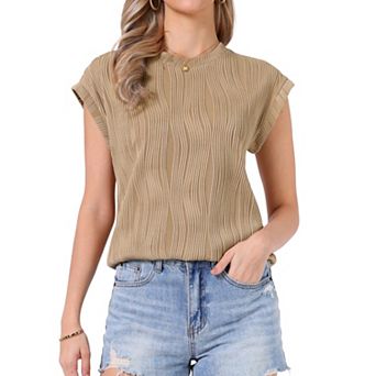 Summer Textured Top for Women's Cap Sleeve Crew Neck Solid Knit Casual Basic Sweater Tops