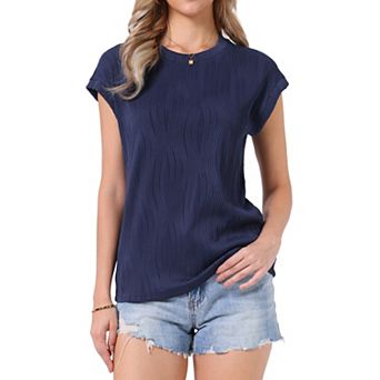 Summer Textured Top for Women's Cap Sleeve Crew Neck Solid Knit Casual Basic Sweater Tops