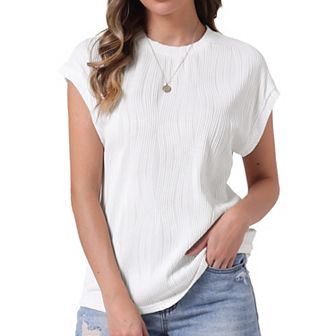 Summer Textured Top for Women's Cap Sleeve Crew Neck Solid Knit Casual Basic Sweater Tops