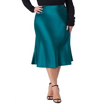 Plus Size Silky Satin Skirt for Women High Waist Hidden Elasticized Waistband A Line Midi Skirt