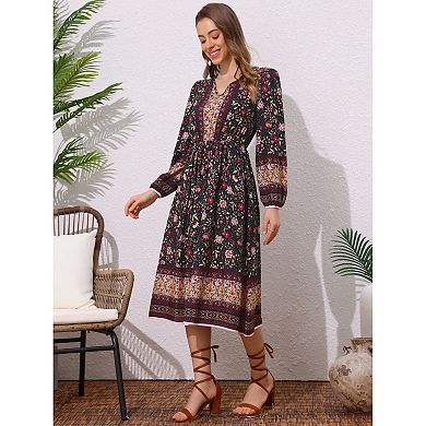 Floral Dress for Women's Long Sleeve V Neck Elastic Waist Split A-Line Summer Midi Dresses