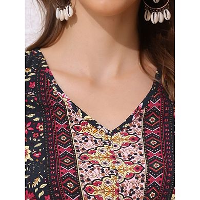 Floral Dress for Women's Long Sleeve V Neck Elastic Waist Split A-Line Summer Midi Dresses