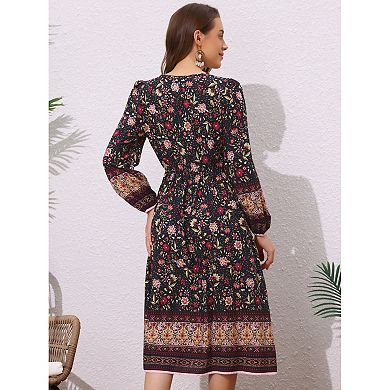 Floral Dress for Women's Long Sleeve V Neck Elastic Waist Split A-Line Summer Midi Dresses
