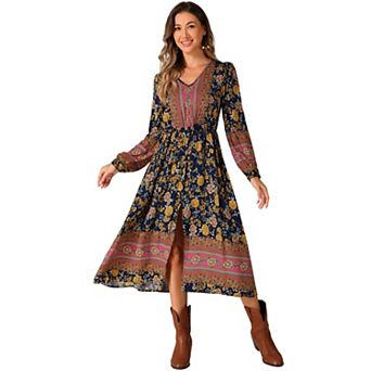 Floral Dress for Women's Long Sleeve V Neck Elastic Waist Split A-Line Summer Midi Dresses