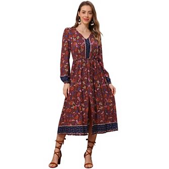 Floral Dress for Women's Long Sleeve V Neck Elastic Waist Split A-Line Summer Midi Dresses